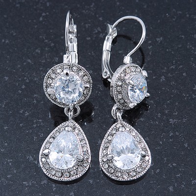 Braut/Hochzeit/Abschlussball klare CZ Ohrhänger mit Hebelverschluss in Rhodium
