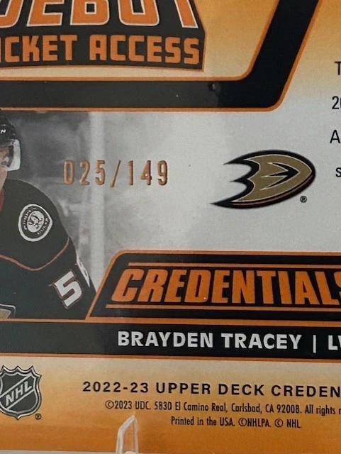 2022-23 Upper Deck Credentials - Debut Ticket Access Brayden Tracey #164... - Image 3 of 3