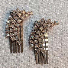 Vintage Rhinestone Silver Metal Hair Comb Pair for Formal Evening Women