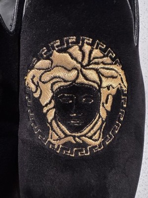 Versace Medusa Embroidered Men Loafers Black Gold Italian Size 42