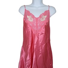 Vintage Wendy Ann Pink Lace Trim Satin Nightgown Womens L Made In USA