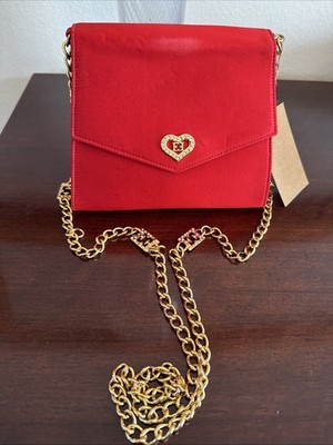 Escada Cobalt Red Silk Handbag with Gold Tone Chain & Accents 7'' x 2.5'' x 5.5''H