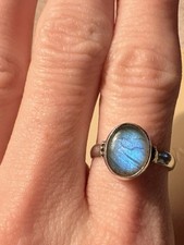 Sterling Silver 925 Labradorite Bezel Band Ring Size 7