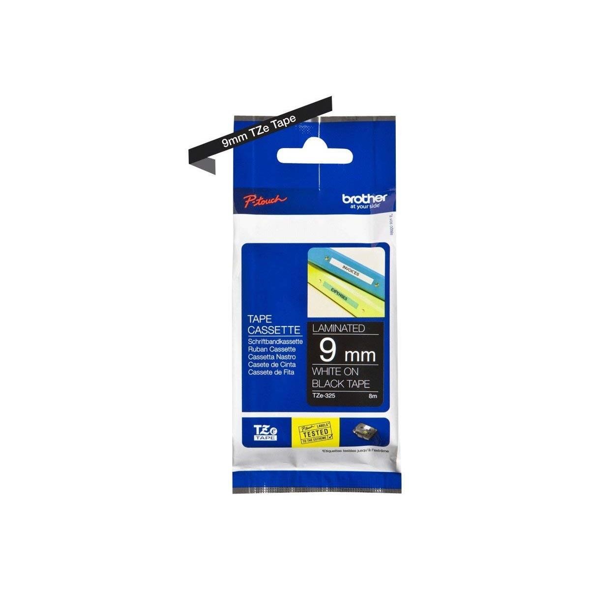 Cassette TZe-325 ruban lamine noir 9mm compatible Brother P-Touch pour etiquetage durable