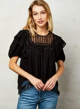 LOVE THE LABEL Dawn Beaded Top Black Lace Flowy Pintuck Mesh Medium NEW $265