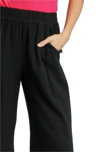 Pantalones de pierna ancha con cintura elástica de mezcla de lino negro - Imagen 3 de 3
