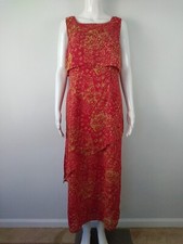 VTG 90s NY Sáke Sleeveless Dress 8 Womens Red Yellow Floral Long Layered Lined 