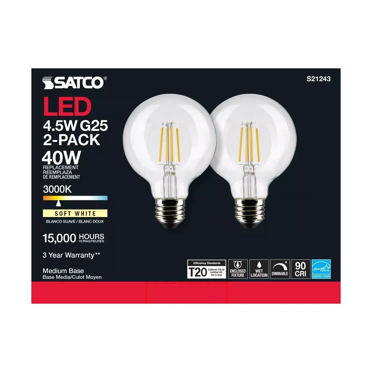 Satco S21243 - 4.5 Watt G25 LED Clear Light Bulbs - 90 CRI - 3000K (4 Bulbs)