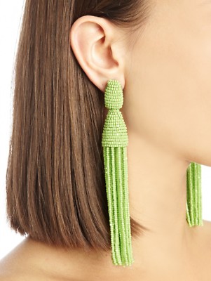 $395 NEW Oscar de la Renta LONG BEADED TASSEL Earring Clip On Lime Light Green