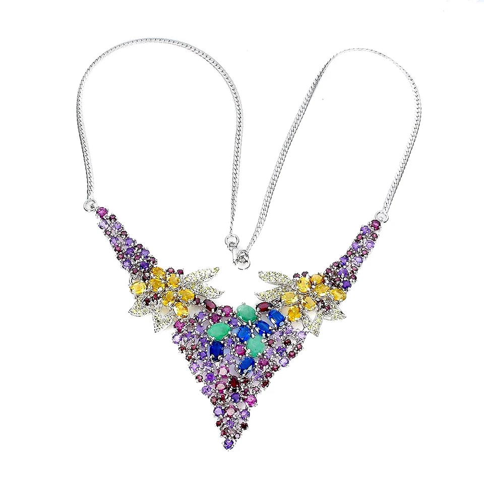 AMETHYST KYANITE EMERALD GARNET SAPPHIRE CITRINE NECKLACE .925 SILVER 14K WGP - Image 2 of 3