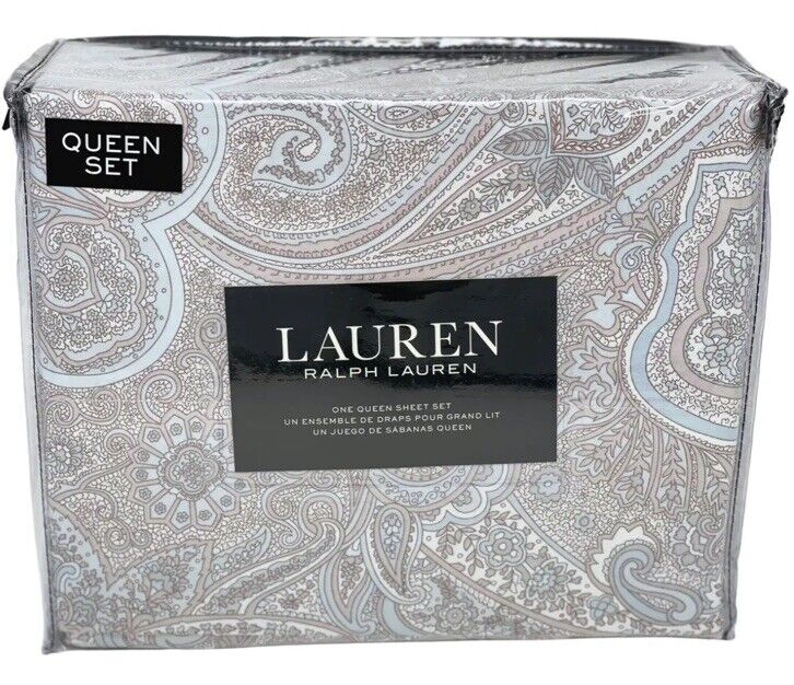 RALPH LAUREN Queen Supreme Cotton 4pc Sheet Set (Aqua Blue Taupe Gray) Paisley