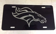 Denver Broncos Logo Car Tag Diamond Etch on Black Aluminum License Plate