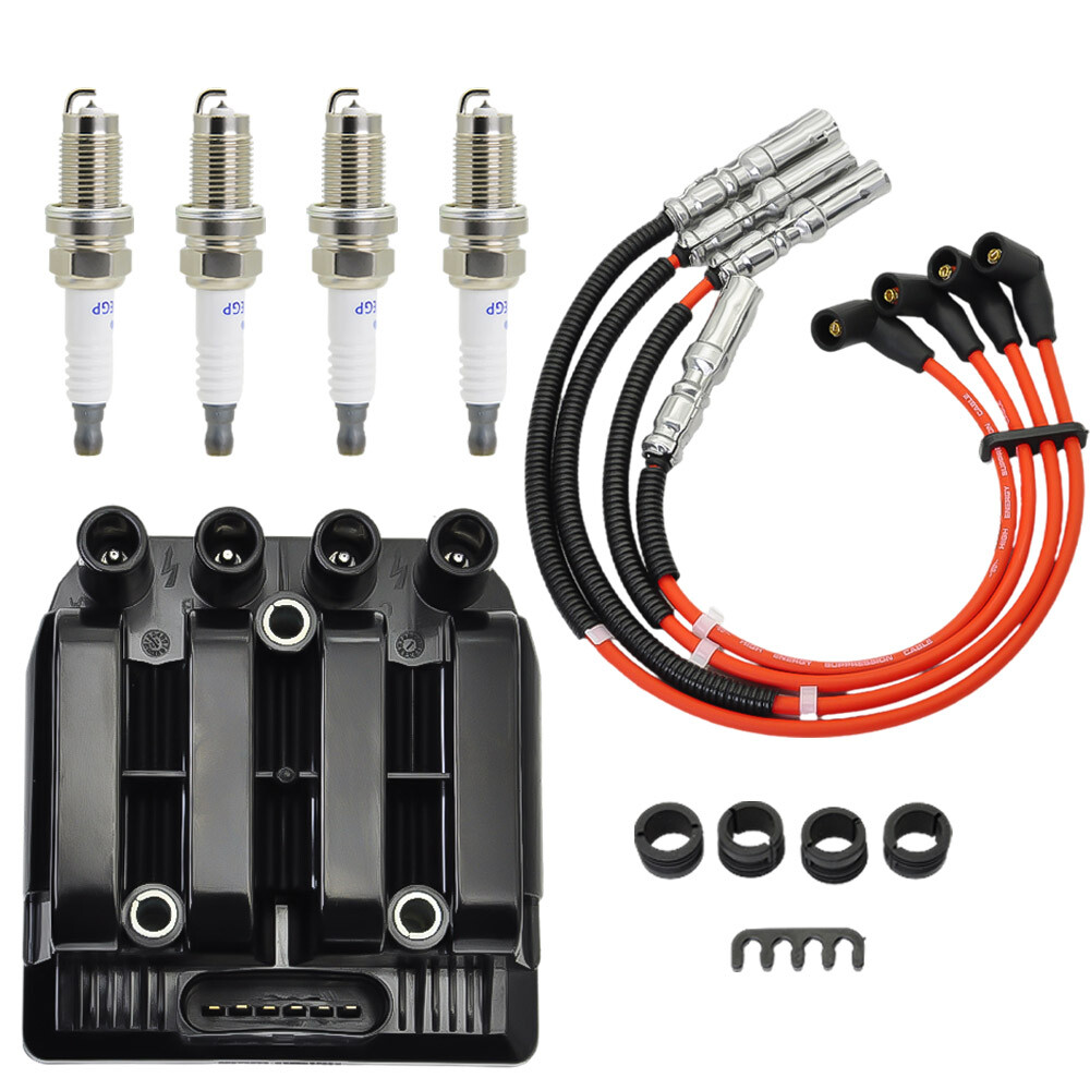 ✅Ignition Coil +4 Spark Plugs + Wires For Jetta Beetle Golf Clasico 2.0L UF484 ✅