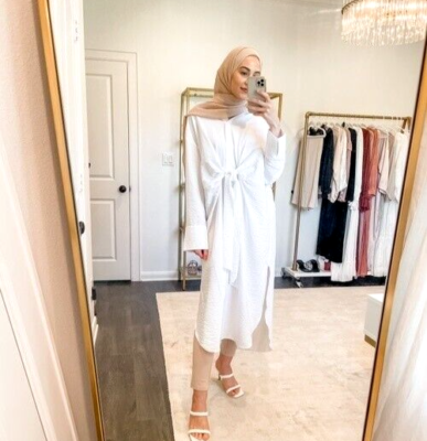 H&M White Crinkle Long Sleeve Tie Front Midi Shirt Dress size XL 20 22 24  Kaftan | eBay