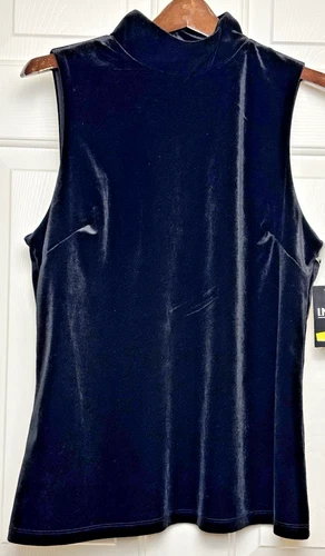 NWT I.N.C International Concepts L Black Velour Sleeveless Blouse High-Neck