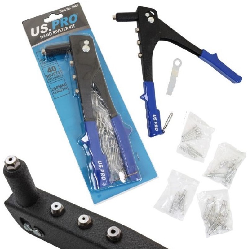 US PRO Pop Rivet Gun With 40 Rivets 2.4mm, 3.2mm, 4.0mm, 4.8mm Hand Riveter Tool