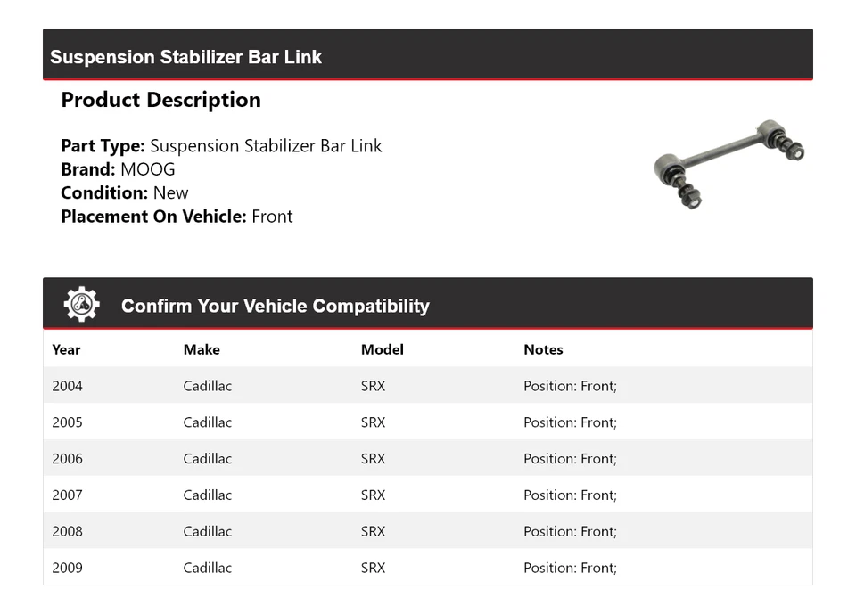 Barra estabilizadora de suspensión delantera MOOG 2004-2009 para Cadillac SRX Foto 2 de 4