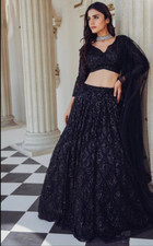 Fancy Designer Faux Georgette Lehenga Choli And Black Dupatta For Reception Wear