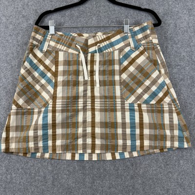 Patagonia Seer Sucker Skirt Womens 10 Brown Blue Plaid Mini Drawstring Pockets