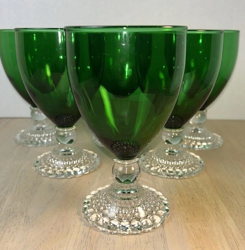 Set 6 VTG Anchor Hocking Forest Green Clear Bubble  Footed Water Goblet Glasses