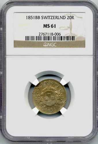 1851BB Switzerland 20 Rappen, - Uncirculated, NGC MS61, Very Rare Key Date