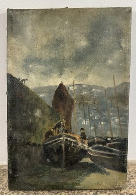 Antique Oil Painting On Canvas Depicting A Shipyard In Cotentin Normandie