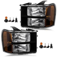 Headlight Assembly Compatible with GMC Sierra Black Housing Amber Reflector