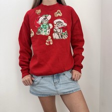 Vintage 90s Jerzees Christmas Cat Sweatshirt Made in USA Red Crewneck M
