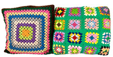 Vintage 2 Granny Square Crochet Throw Pillow Case Rainbow Handmade Decorative
