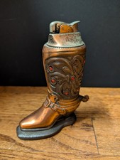 Vtg 5.25" Evans Red Jeweled Copper Toned Cowboy Boot Table Lighter