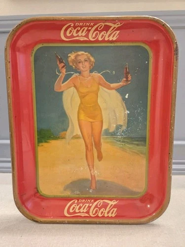 Antique Coca-Cola Serving Tray Running Girl Bathing Suit 1937 Vintage Metal Coke