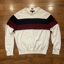 Tommy Hilfiger Sweater Mens Medium White Colorblock Crewneck Cotton Flag Logo