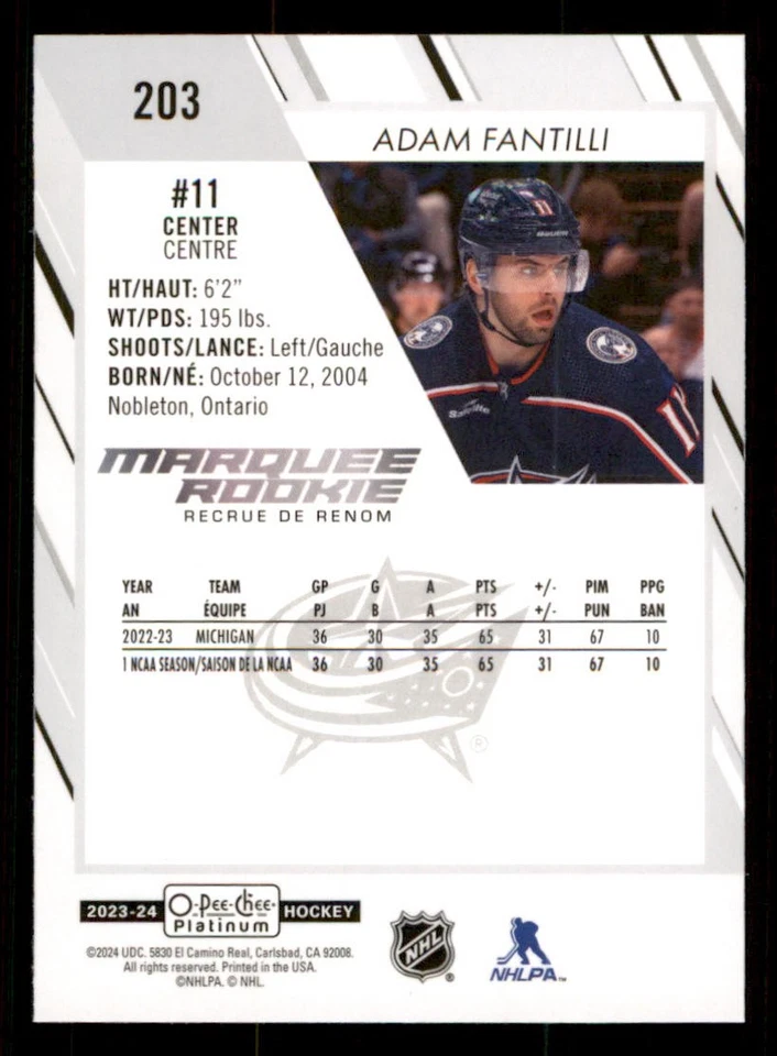 2023-24 O-Pee-Chee Platinum #203 Adam Fantilli RC - Image 2 of 2