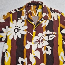 VTG Handmade Shirt Hawaiian 60s 70s Floral Tiki Tropical Aloha Brown Yellow L