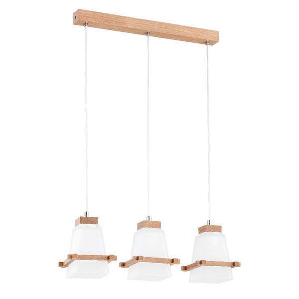 HäNgelampe 3-Flammig Glas Holz Natur Modern E27 L:60 Cm Pendelleuchte Wohnzimmer-image