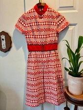 1960's Bright Coral and White Knit R K Dress with faux belt detail