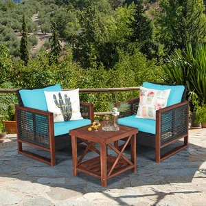 3PCS Rattan Wicker Patio Conversation Set Outdoor Furniture Set w/ Turquoise