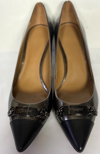 Coach Bowery Pumps Pointed-Toe Kitten Heels Metallic Silver & Black Leather