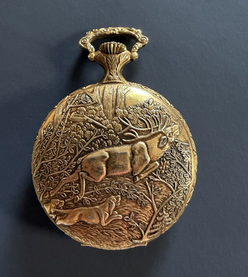 Gold Tone Full Hunter Pocket Watch, Hunting Scene, Roman Numerals Beige Dial