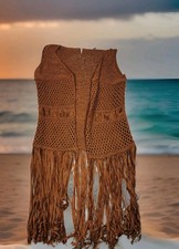Anthology Women's Crocheted Fringed Waistcoat Vest Festival Boho Hippie Sz 16/18
