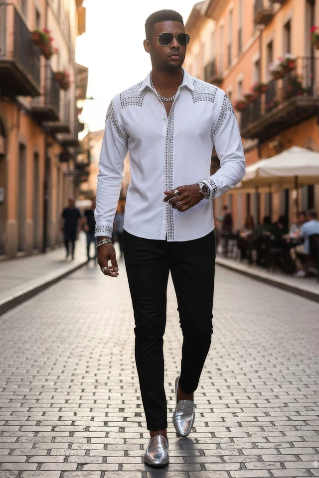 Barabas Men's Studded Premium Solid Long Sleeve  Shirts 3B24 - Image 3 of 4