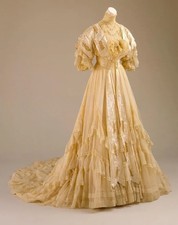 Vintage Victorian Wedding Dress Champagne High Neck Bust Lace Tulle Renaissance