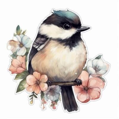 Massachusetts Black-capped Chickadee bird Mayflower flower  Vinyl Decal Sticker 