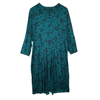 J Jill Dress XL Viridian Deco Scroll Green Floral Pleated Button Up Stretch  | eBay