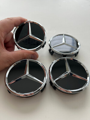 Mercedes Benz Set of 4 Black Wheel Center Caps Chrome Star Logo 3 in ...