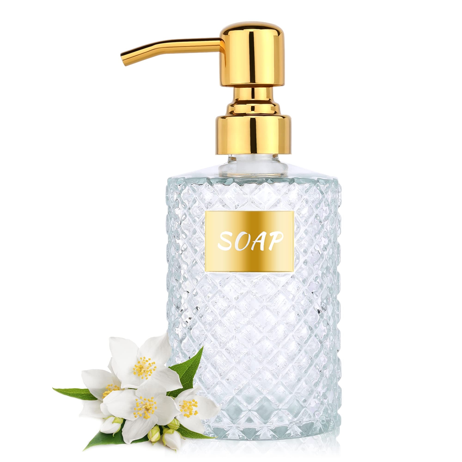 12oz Diamond Glass Dispenser With Gold 304 Stainless Steel Bathroom Dispenser Fo