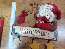 Merry Christmas Santa & Reindeer Hanging Sign with Stars