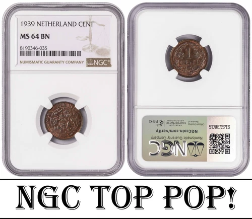 i-650626 Netherlands 1 Cent 1939. NGC MS 64 BN. TOP POP.