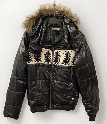 Billabong Juniors Size XL Black Puffer Jacket With Removable Hood Faux Fur Trim