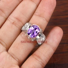Natural Amethyst Gemstone With 14K White Gold Plated Silver Ring for Men's #1222